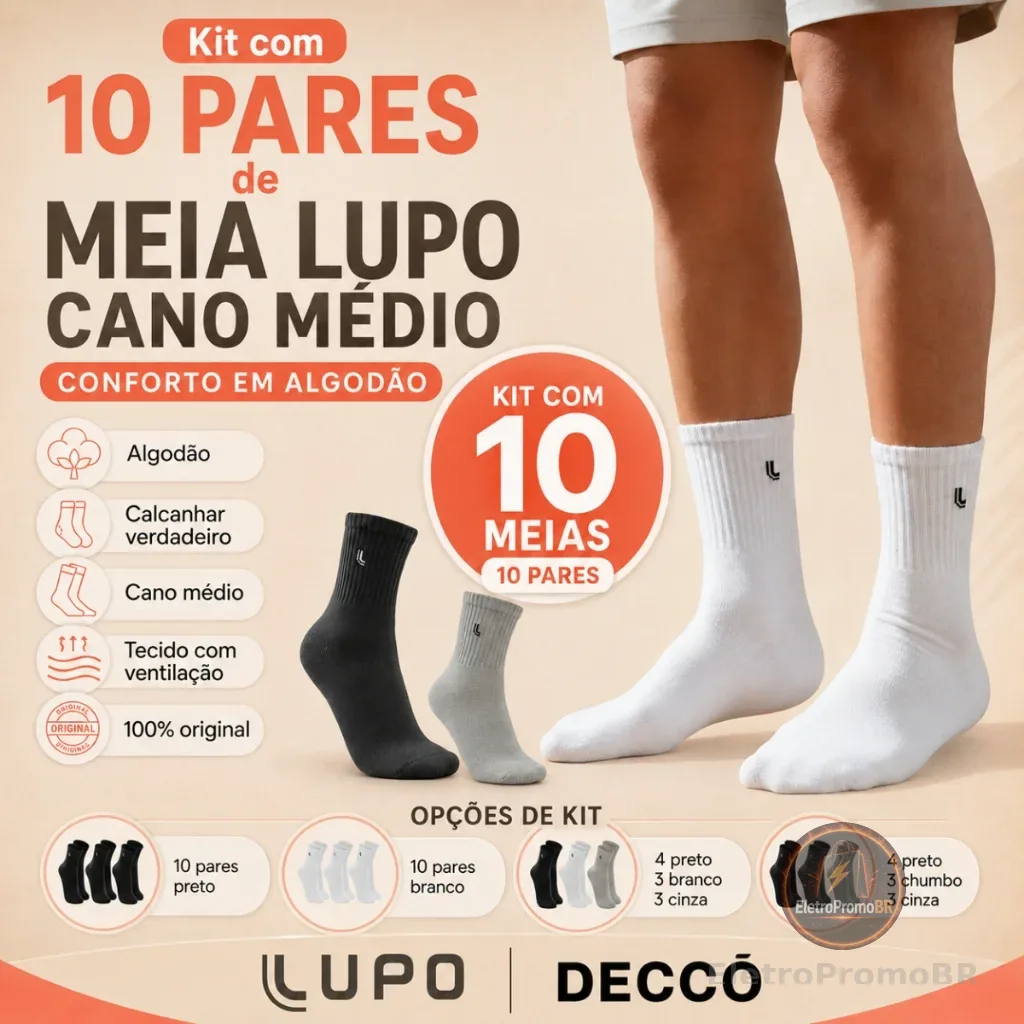 Kit De 10 Pares De Meias Lupo Cano Médio Unissex Em Algodão Tamanho 37 ao 44