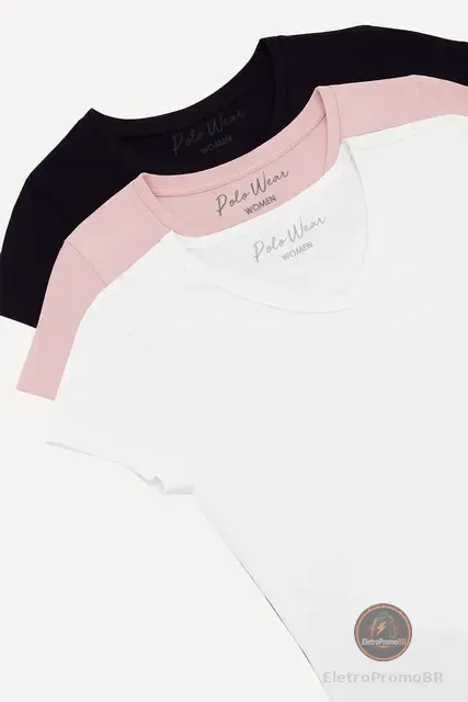 Kit 3 Camisetas Femininas Gola V Polo Wear Sortido