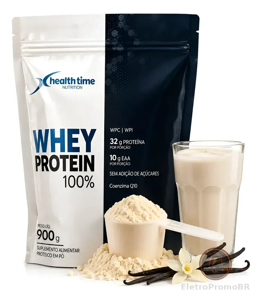 Whey Protein Health Time 100% 900g 32g Proteína Zero Açúcar Baunilha