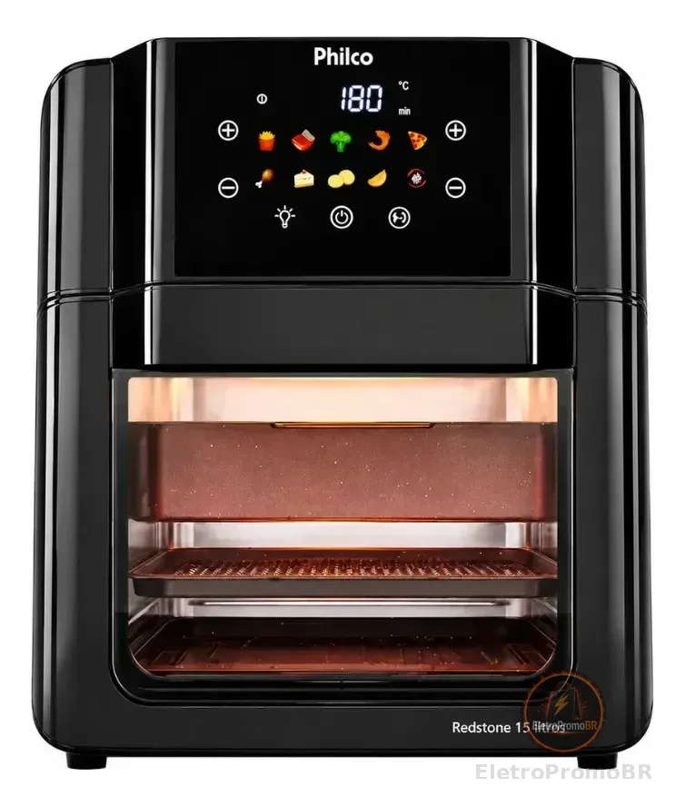 Philco PAF15C Fritadeira Air Fryer Oven 15 Litros Revestimento Redstone Porta Removível Luz Interna 10 Funções Preta