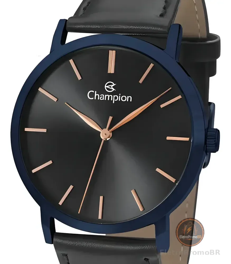 Relógio Champion Masculino Social Original Couro Preto Cor do bisel Azul
