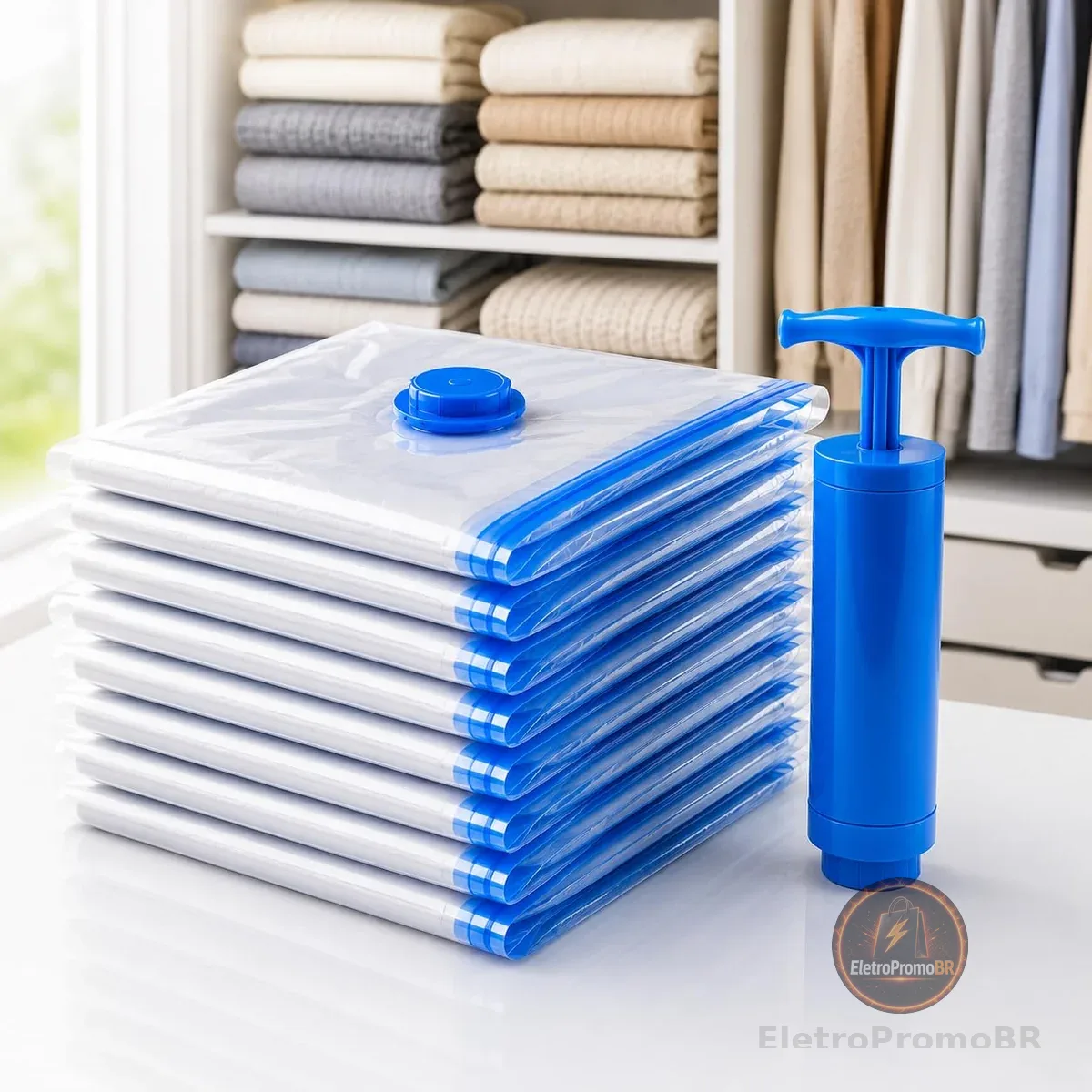 Kit 10 Sacos a Vácuo 50x60cm com Bomba Manual – Organizador de Roupas para Viagem e Armário, Economia de Espaço até 80%, Reutilizável, Proteção Contra Umidade, Poeira e Odores