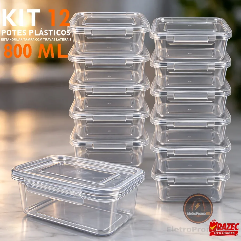 Kit Com 12 potes 800ml Tampa Com Trava Marmita Fitness Lavavel Freezer Microondas Durável BPAFree