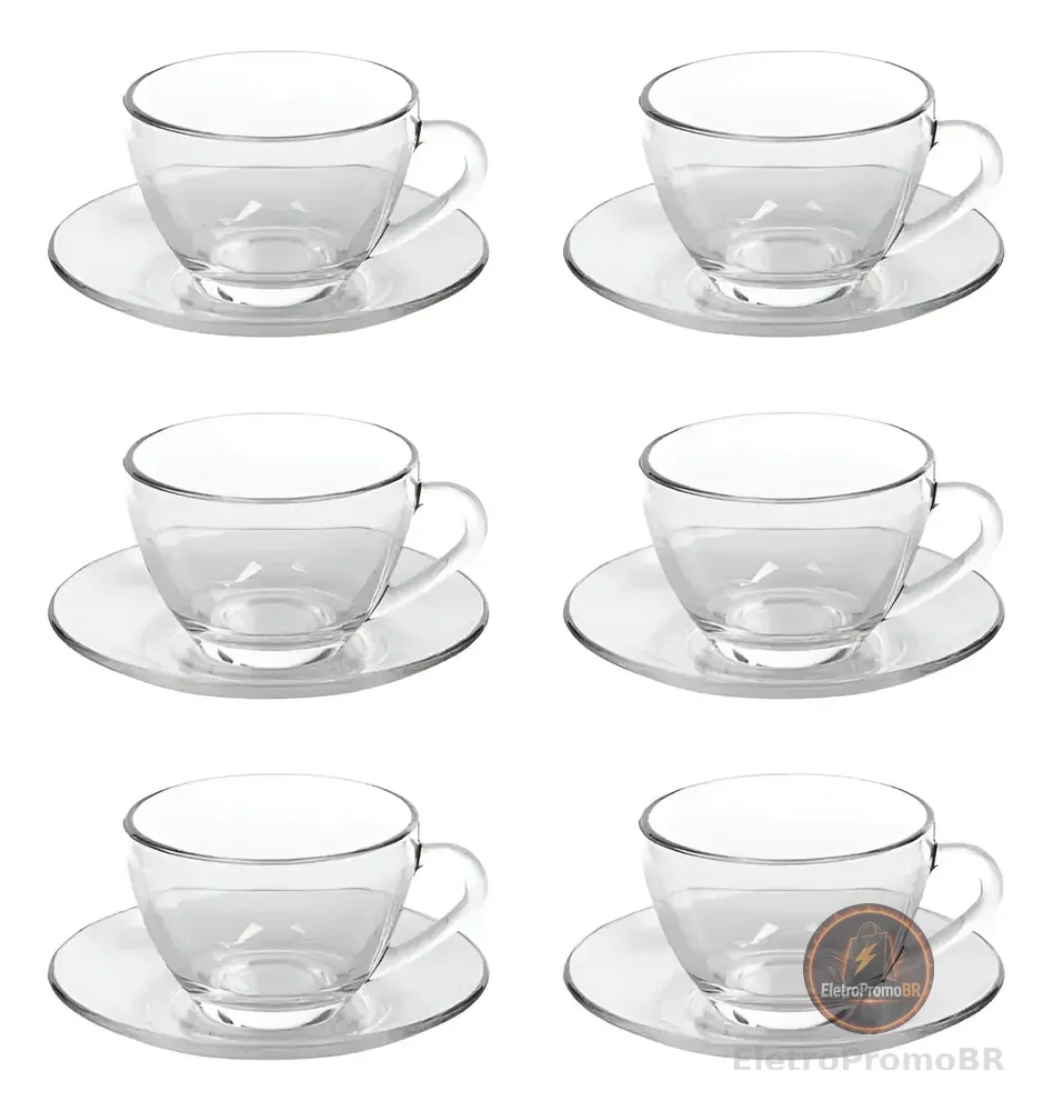 Jogo Xícaras Café Com Pires Chá 12 Peças Vidro Incolor 230ml Transparente