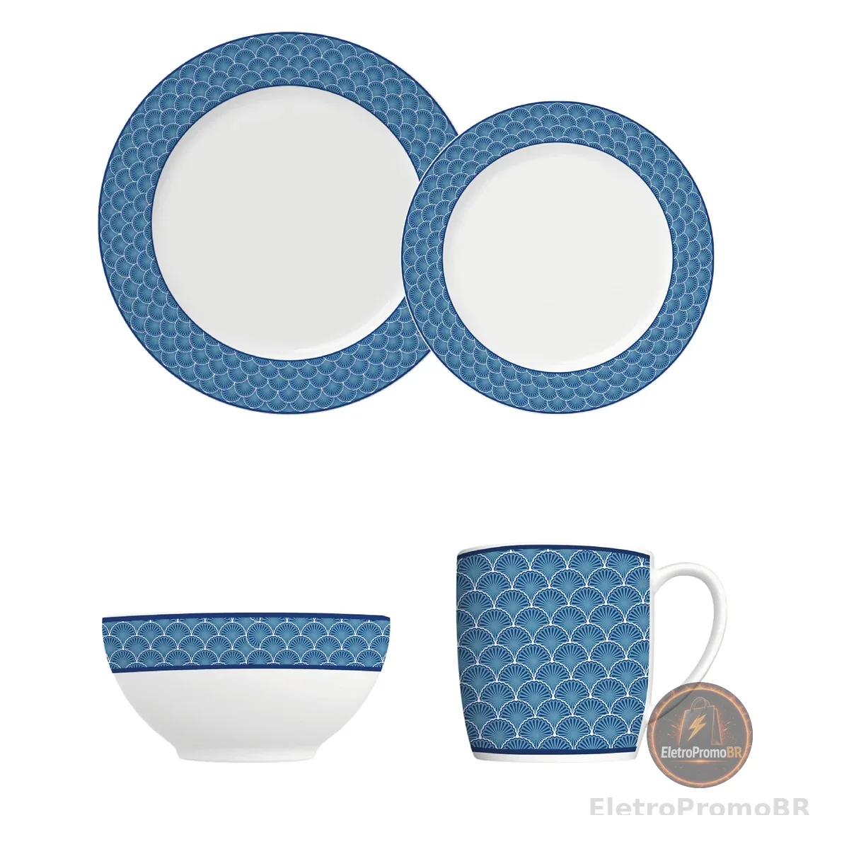 Jogo de jantar completo em porcelana, Modelo Capri, Urban, Aura Azul, 16 peças, Germer, Branco com detalhes em azul