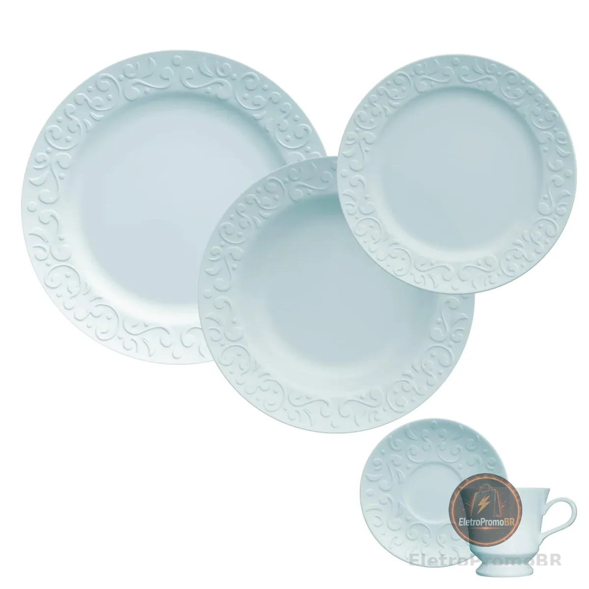 Jogo de Jantar e Chá 20 Peças Relevo Tassel Germer Azul Vintage | Porcelana Premium | Aparelho Completo para 4 Pessoas | Pratos Rasos, Fundos, Sobremesa, Xícaras e Pires | Pode Ir à Lava-Louças