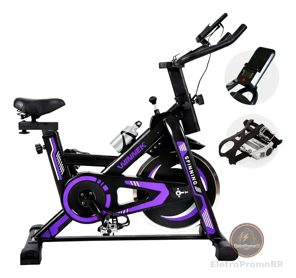 Bicicleta Ergométrica Spinning Com Roda Inércia De 13kg Mecânica Cor Preto Roxa -mecânica Suporte Para Celular / Tablet - Winnek Spin Force