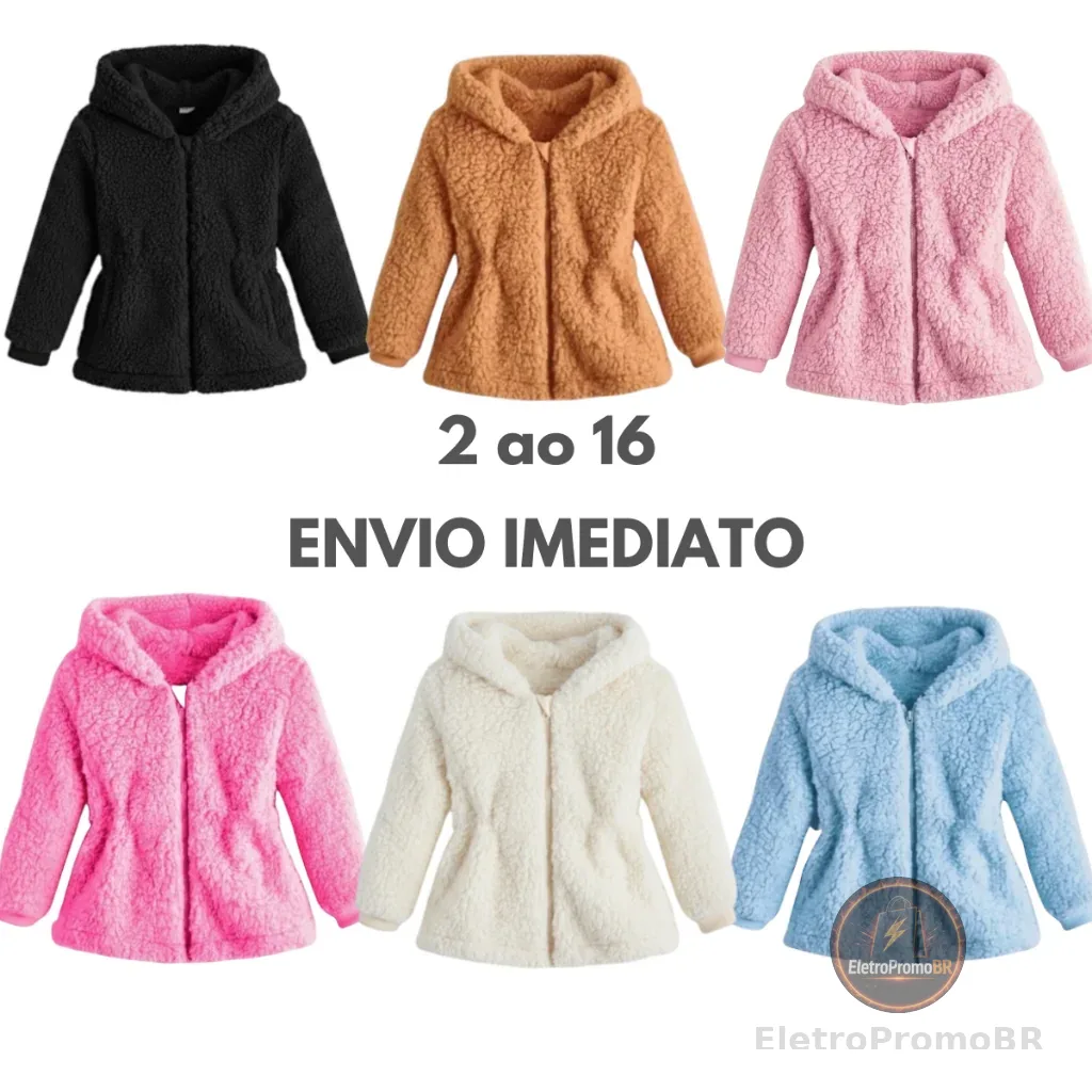 Casaco Teddy Infantil Menina Capuz Touca com Ziper Ted Tedy Forrado Quente Feminino Jaqueta Infantil
