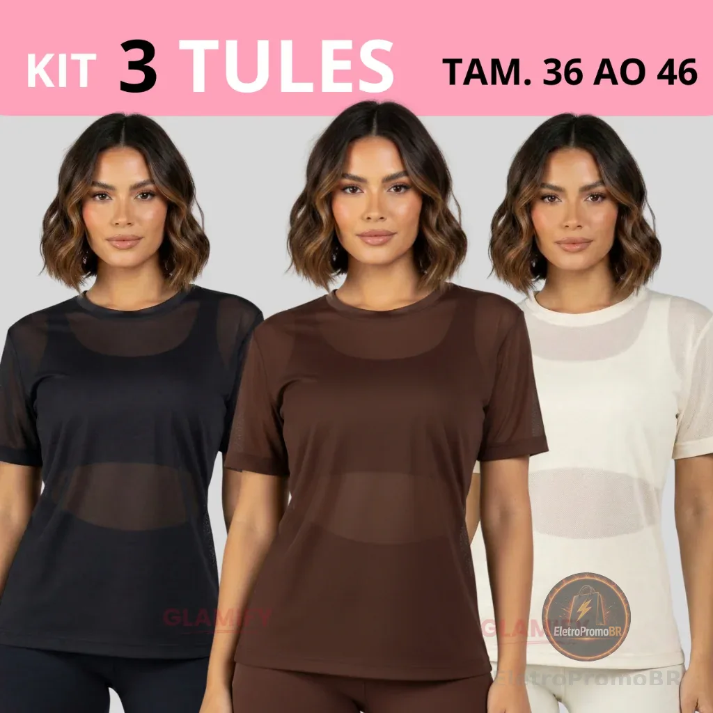 Kit 3 Blusa Tule Feminina Transparente de Academia Manga Curta Camisão Fitness Camiseta Treino