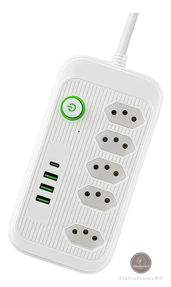 Extensão 5 Tomadas E 3 Usb 1 Pd Led Bivolt Power 110v/220v Branco 127/220v