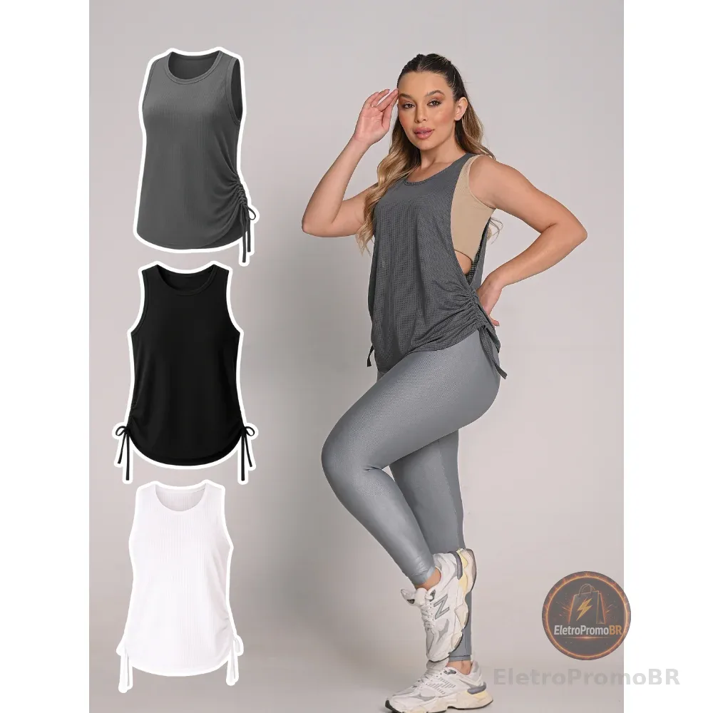 Regata Dry Fit Feminina Blusa Básica Estilosa Fitness Treino Academia Tapa Bumbum Amarração na Lateral