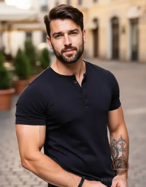 Camiseta Henley Manga Curta Slim Com Botões Gola V Conforto