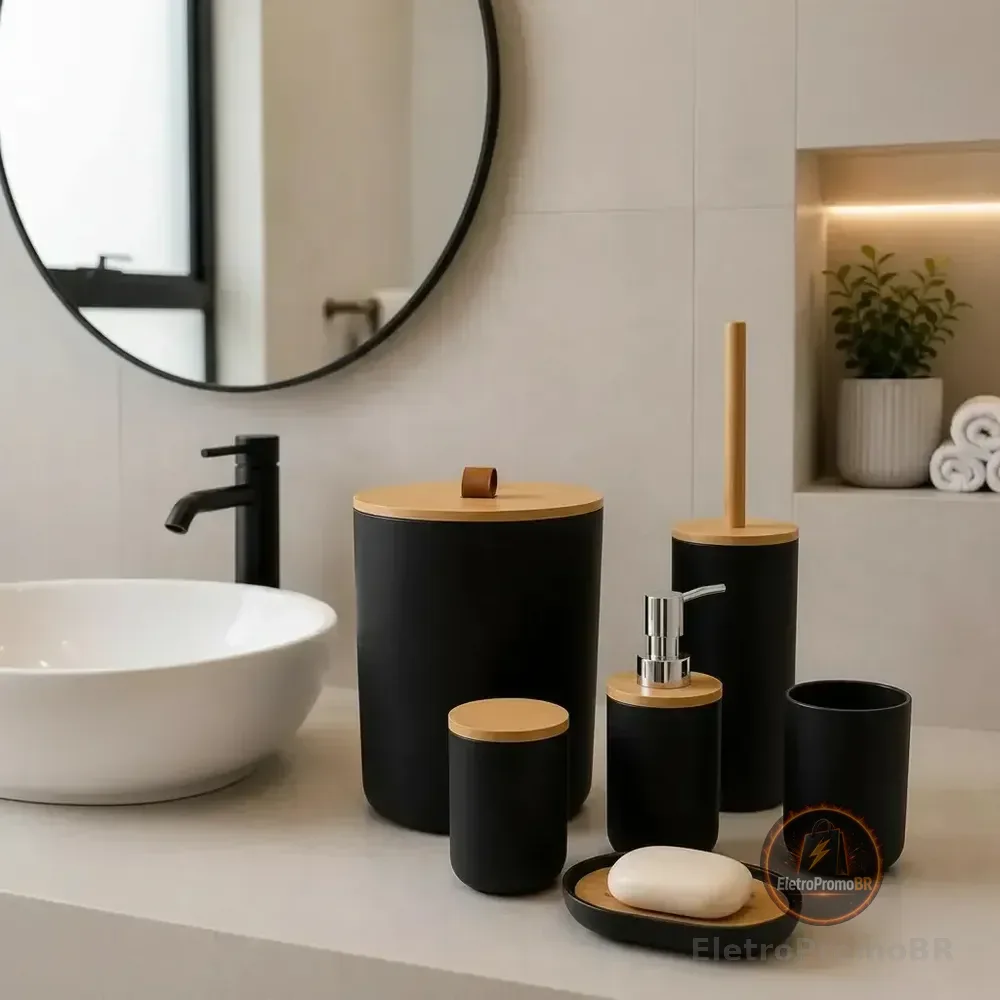 Kit Acessórios Banheiro 6 Peças Lixeira Escova Sanitária Dispenser Sabão Líquido Porta Escova Dente Saboneteira Cor Preto