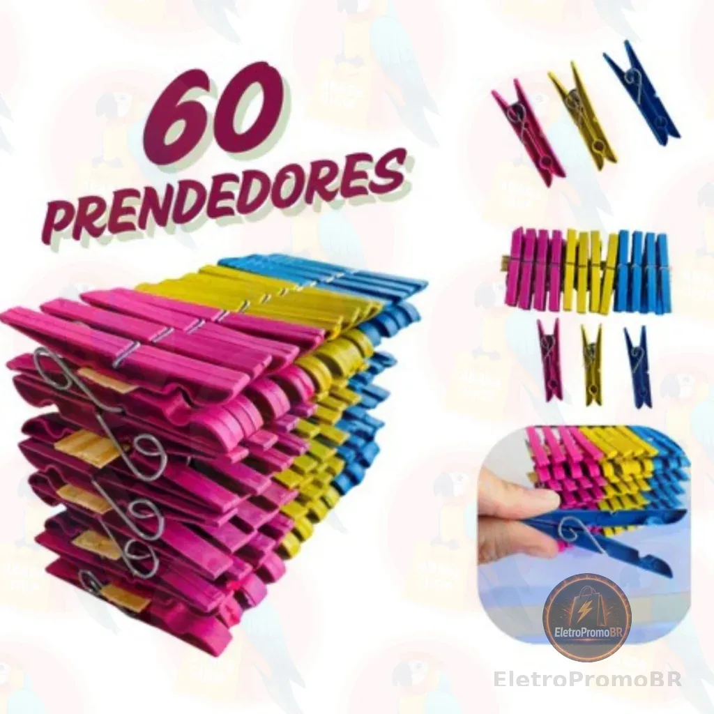 Kit com 60 / 48 / 36 / 24 / 12 Pregadores de Roupa em Plástico Reforçado - Cores Sortidas