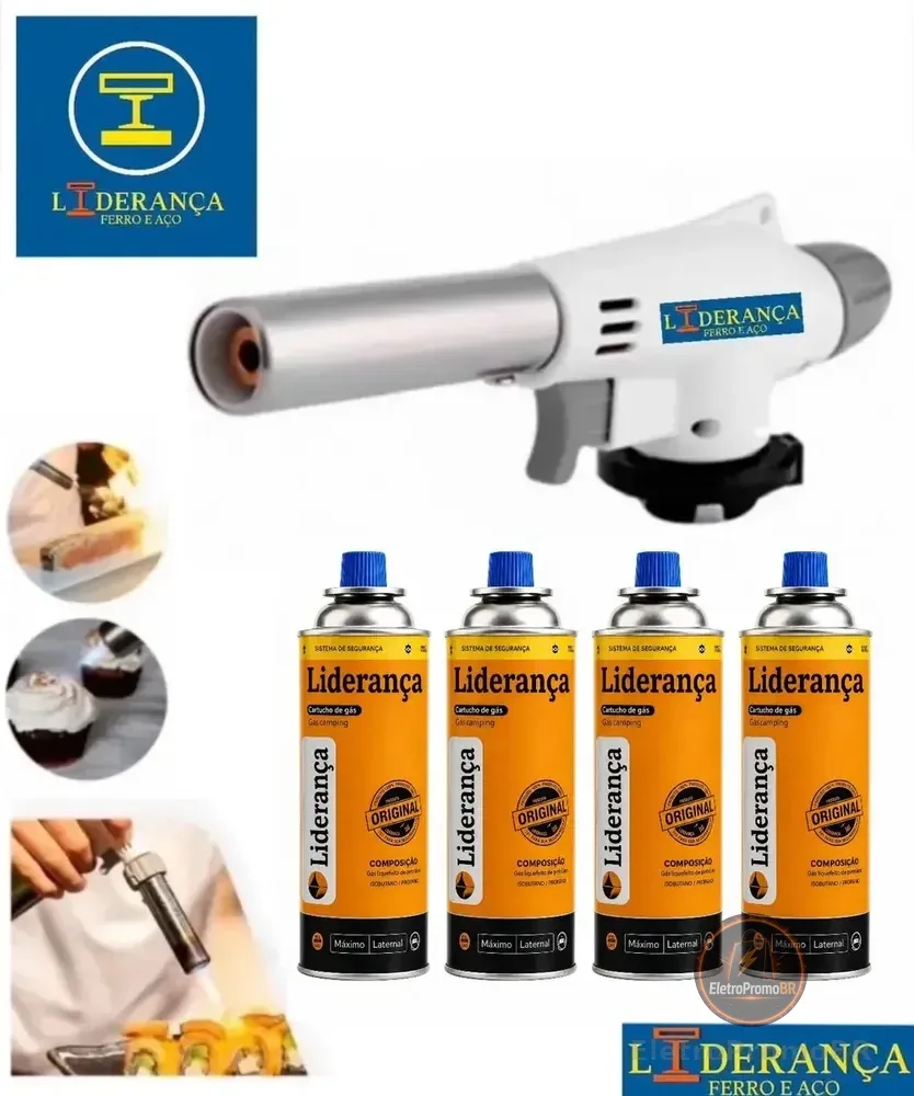 Kit Maçarico Portátil Automático Liderança Ferro E Aço para 1300°C com 4 Refis de Gás Butano