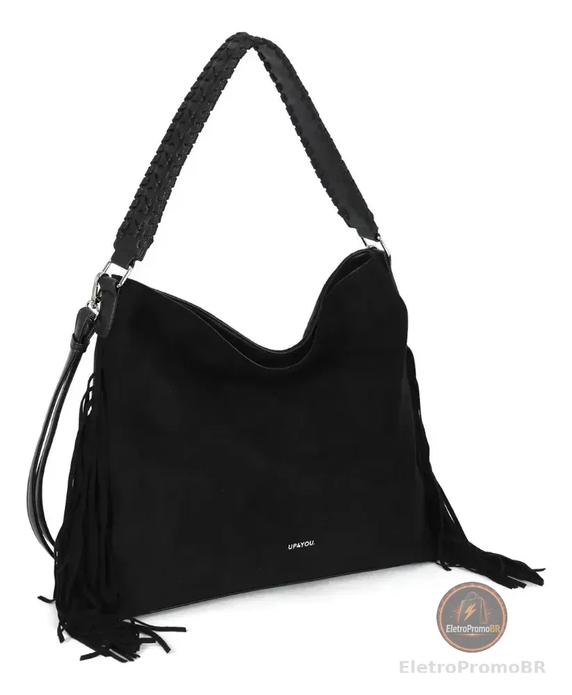 Bolsa Hobo Feminina Up4you Preta de PU com Detalhe em Camurça