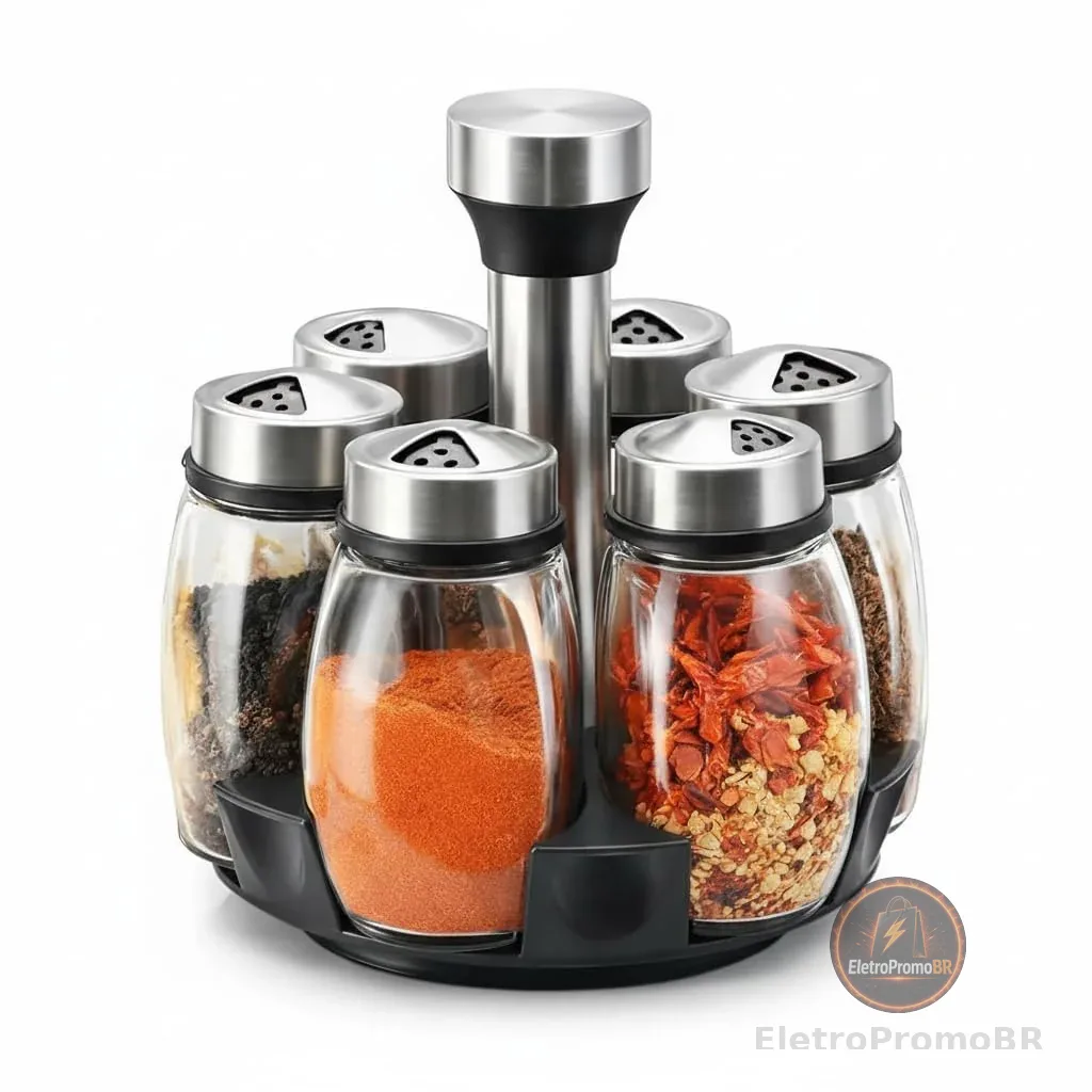Kit com 6 Potes de Vidro, Jogo de Frascos para Temperos com Tampa Inox e Suporte Giratório – Organização e Praticidade na Cozinha Premium