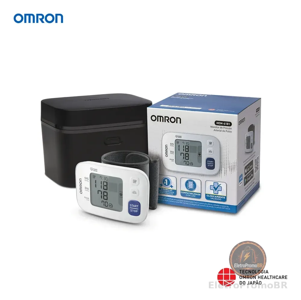 Monitor Pressão Arterial Pulso Omron HEM-6181 Medidor Aparelho Digital Aferidor Esfigmomanômetro Portátil Grande Automático Anvisa Inmetro