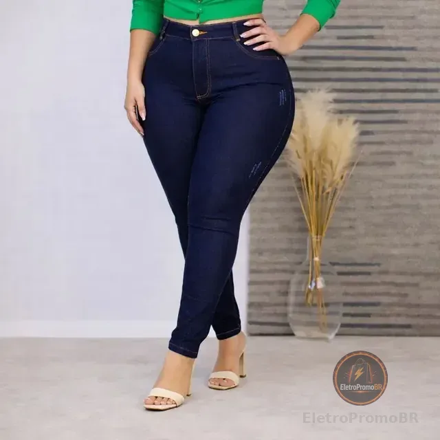 Calça Jeans Plus Size Cintura Alta Elastano Lycra Modeladora