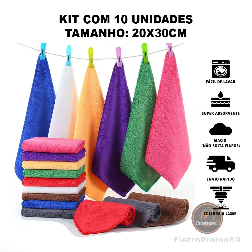 Kit 10 Panos de Microfibra 20x30cm para Limpeza Geral