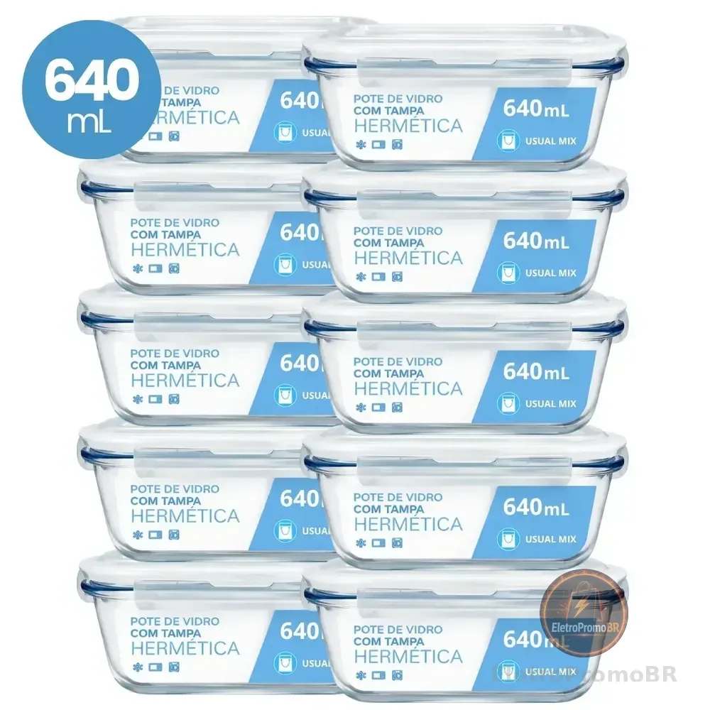 Kit 10 Pote Vidro Hermético Marmita 640ml Micro-ondas Freezer Forno Organização Geladeira