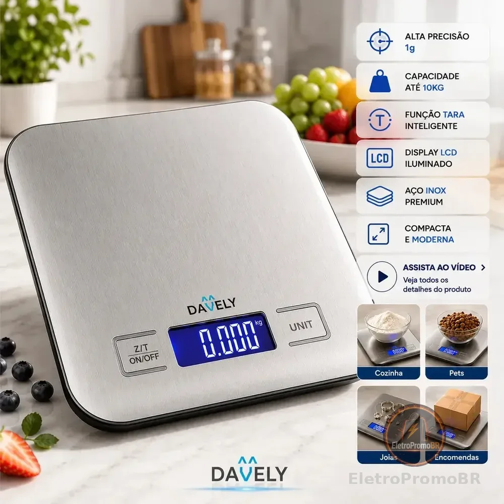 Balança Digital Cozinha eletrônica Touch 10kg Inox Display Led LCD culinária Fitness pesagem alimentos para dieta portátil alimentar Foods Comida Profissional Domestico Confeitaria Nutricional Davely.