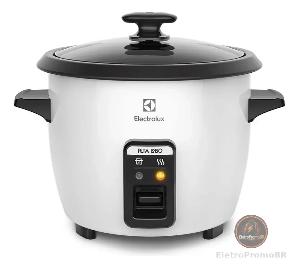 Panela Elétrica Electrolux vapor arroz capacidade 1,3L 7 xícaras manter aquecido panela removível antiaderente tampa vidro RCB50 branca por Rita Lobo​