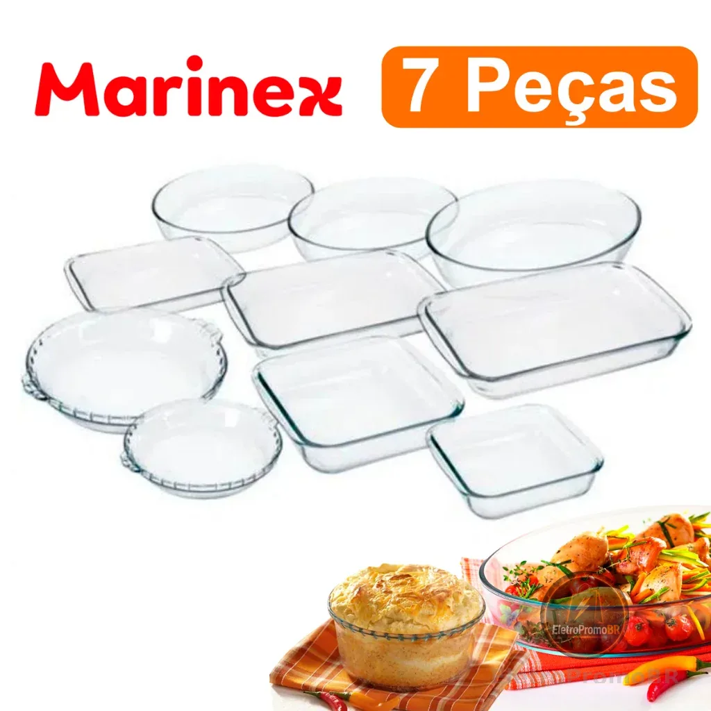 Kit Conjunto Marinex 7 peças jogo de Travessas Variadas Assadeiras em Vidro Temperado Nadir própria Para Forno