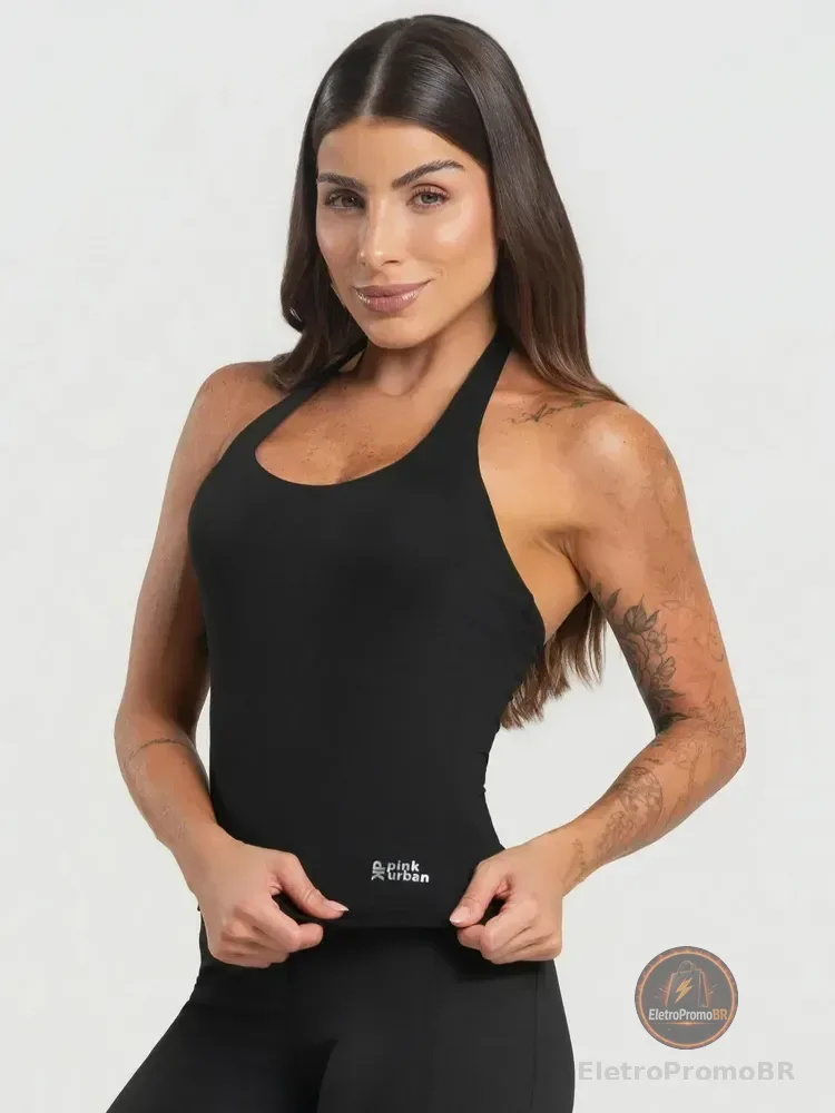 Regata Fitness Feminino Frente Única Costa Blusa Poliamida Preto Frente Única M