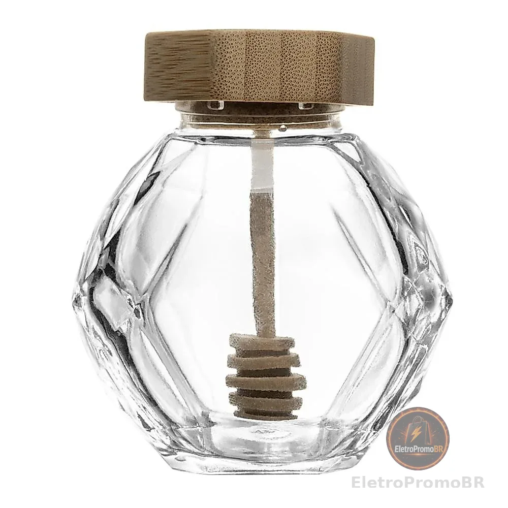 Meleira de Vidro com Pegador e Tampa de Bambu 200ml Wolff Pote para Mel Mesa Posta Café da Manha e Cozinha Qualidade Uso
