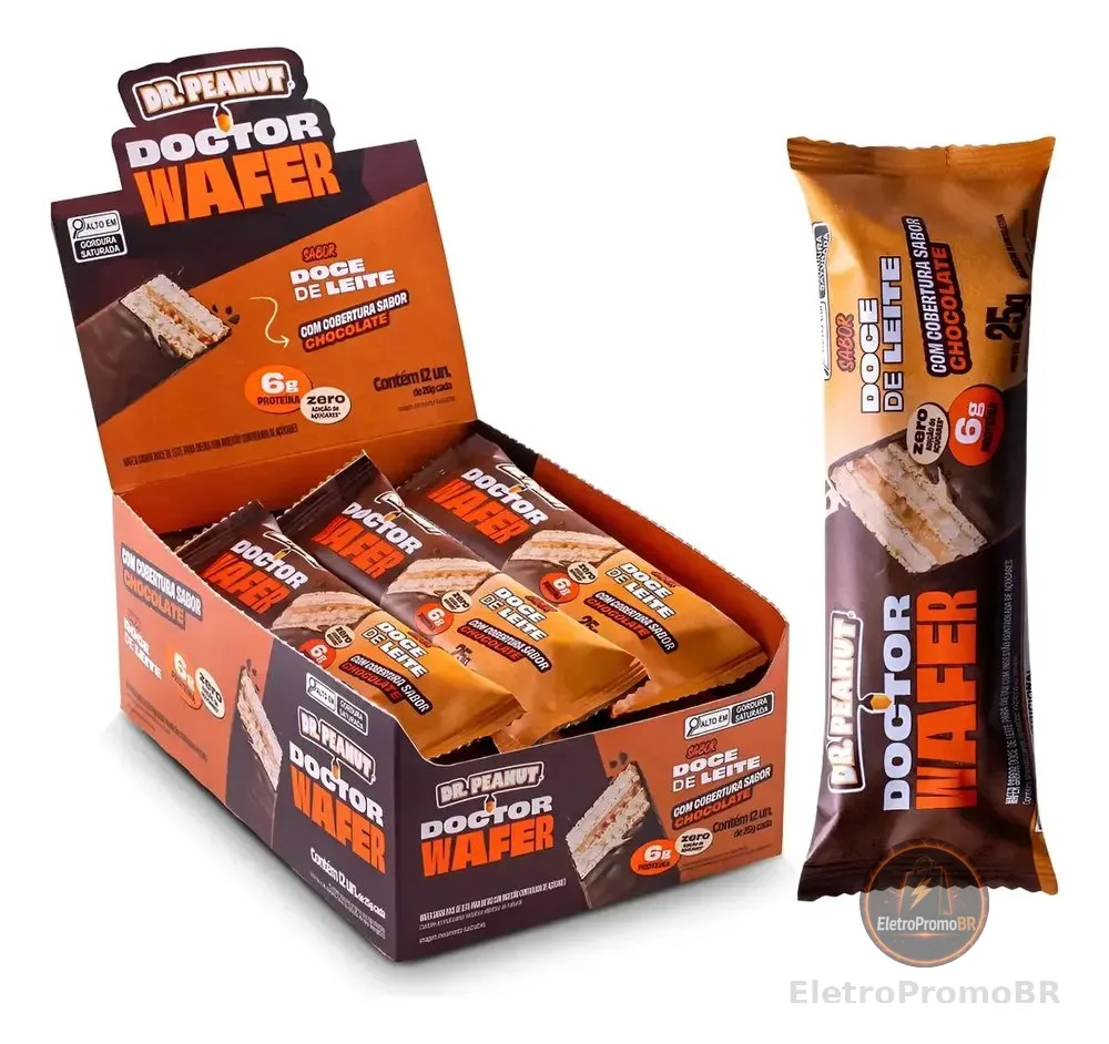 Wafer Proteico Dr Peanut Crocante Display 12 X 25g Sabor Doce De Leite