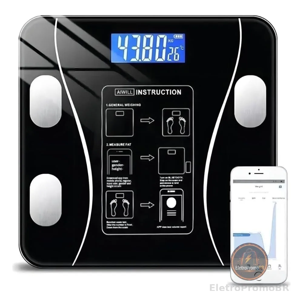 Balança Digital Bioimpedância Corporal Bluetooth até 180 kg com App | Mede Peso, IMC, Gordura, Massa Muscular, Água Corporal e Metabolismo | Smart Scale Inteligente Vidro Temperado