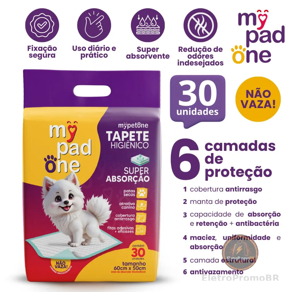 Tapete Higiênico Premium Slim para Caes MyPadOne 60x50 cm Ultra Absorção Envio Imediato - 30 Unidades