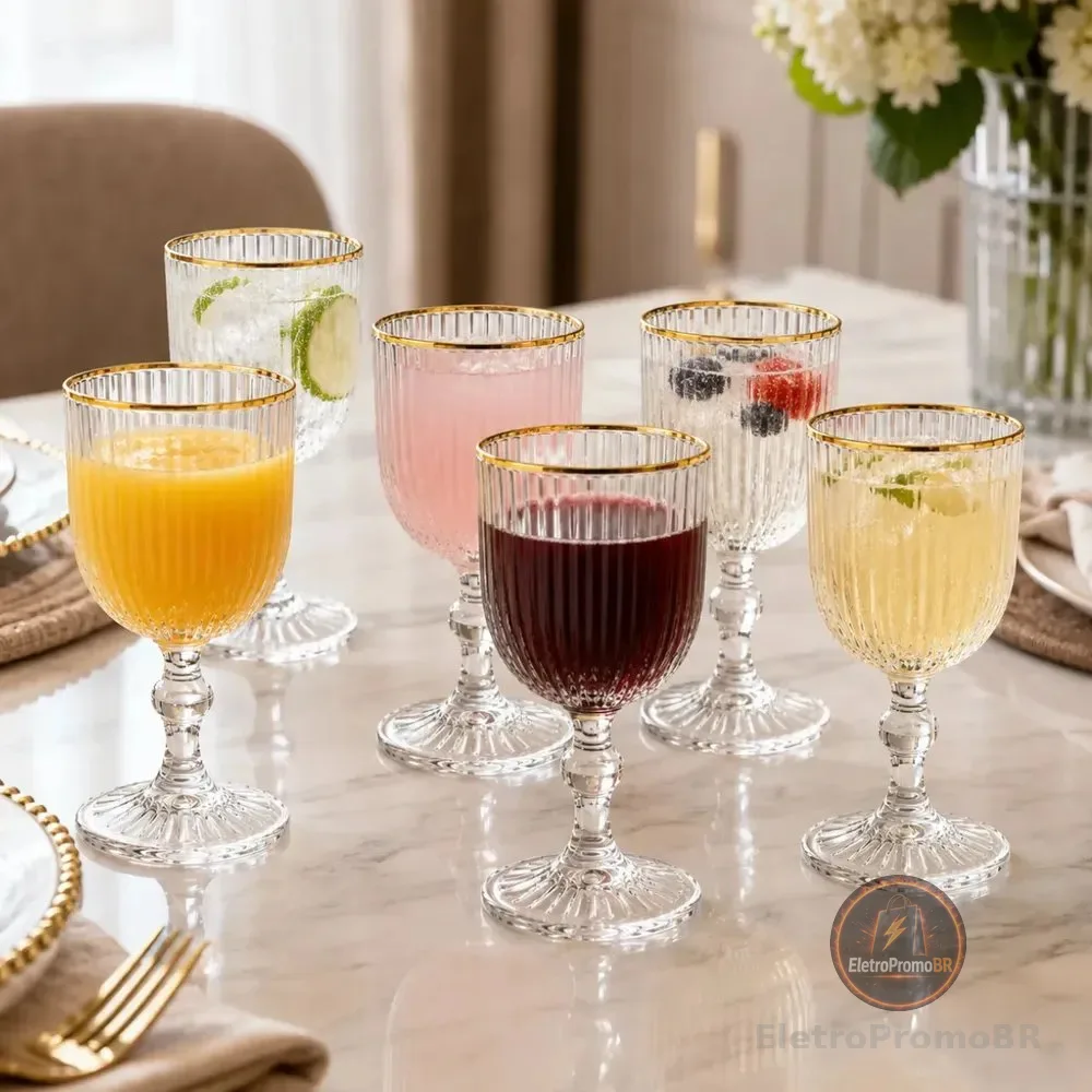 Jogo 6 Taças de Vidro Canelado com Borda Dourada Grafiatto 340ml Transparente para Drinks e Sucos Luxo Mesa Posta Viacruz