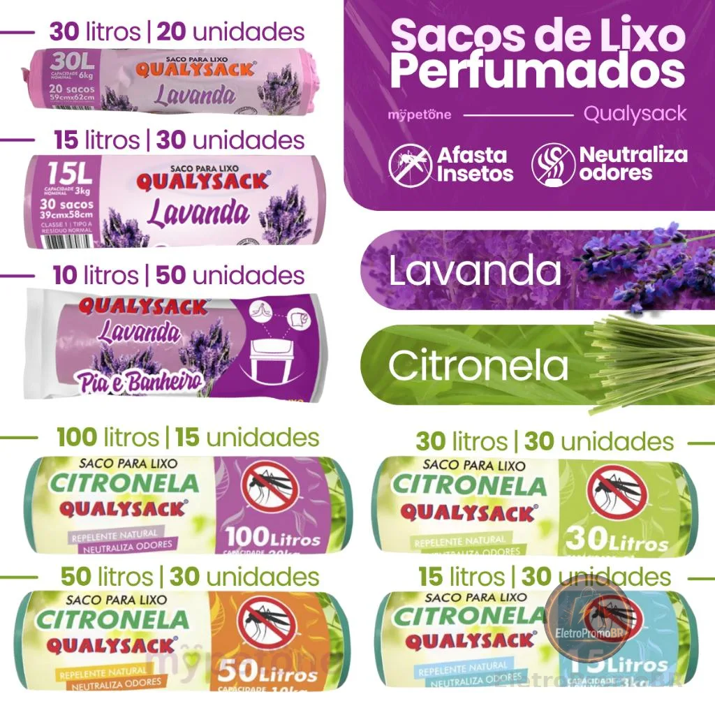 Saco de Lixo Aroma Lavanda e Citronela 10, 15, 30, 50 e 100 Litros - Qualysack