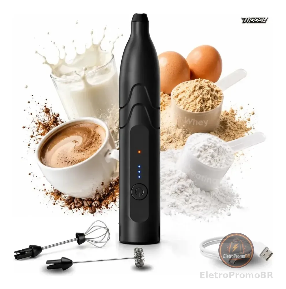 Mixer Elétrico Portátil 2 em 1 Recarregável Potente Misturador de Bebidas e Ovos 3 Velocidades Usb Batedor e Fue Fouet