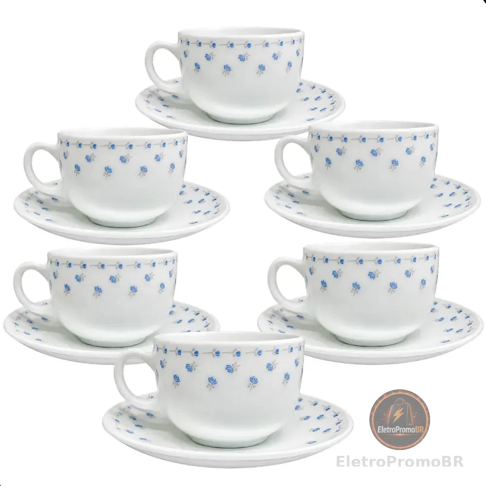Conjunto 12 Peças Xícaras 150ml Com Pires Para Café E Chá Branco Floral