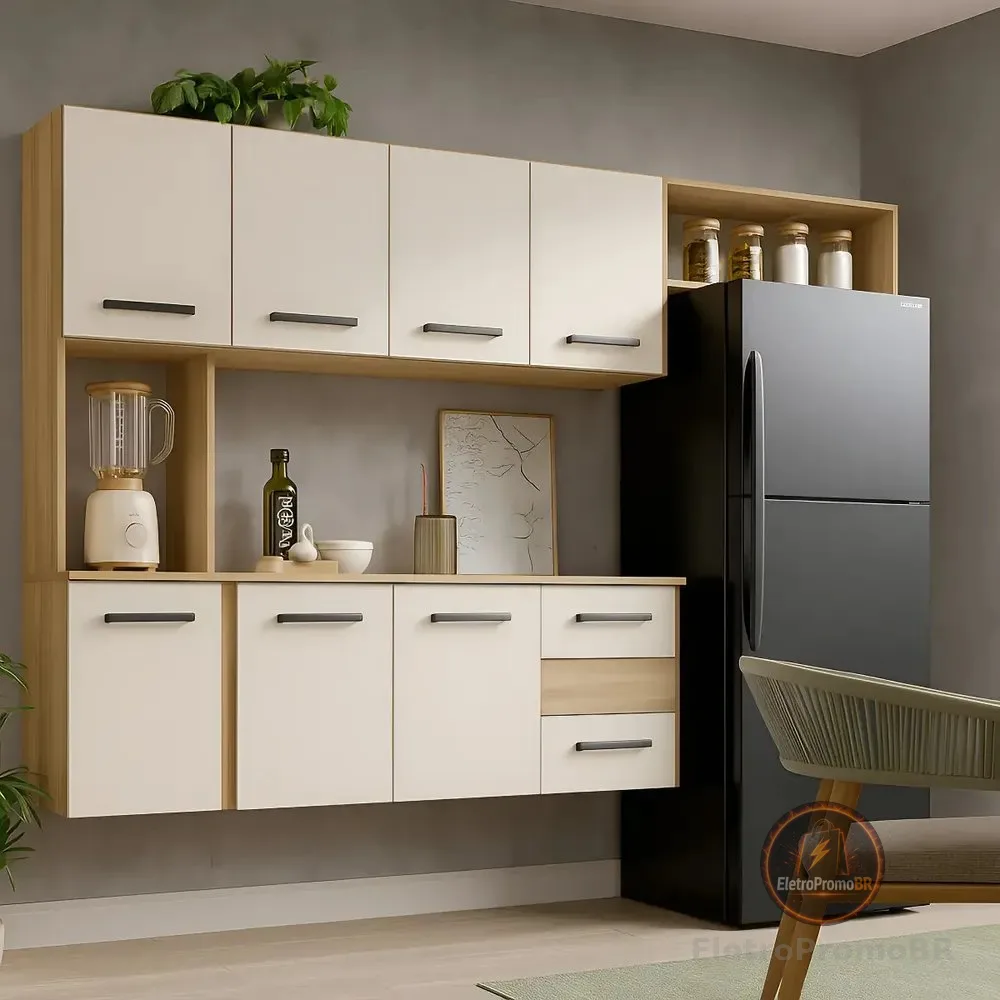 Kit Armário De Cozinha Multiuso Compacta Suspensa Com 7 Portas E 2 Gavetas Cor Cinamomo Off