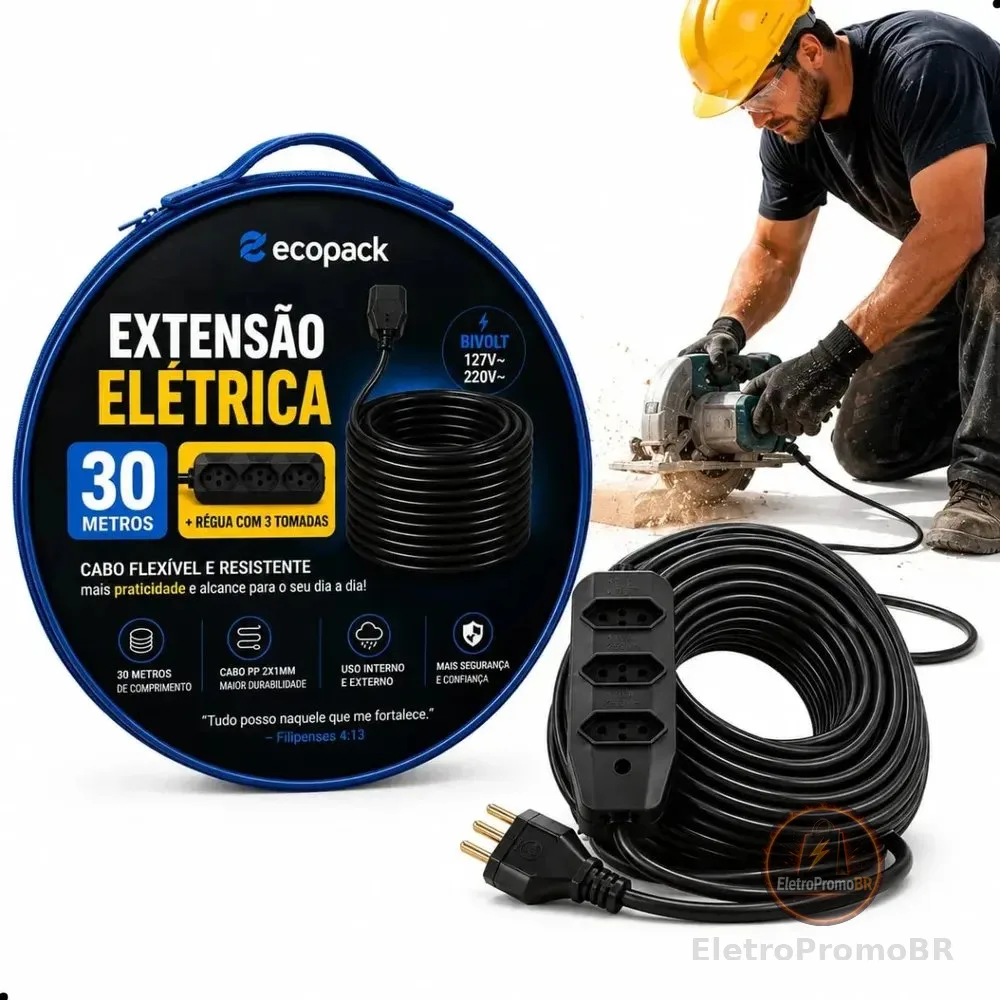 Extensão Elétrica 2x2,5mm de 30 Metros Reforçada 3 Tomadas Bivolt 10a 20a Cabo Resistente Profissional Residencial Obra Oficina Alta Durabilidade