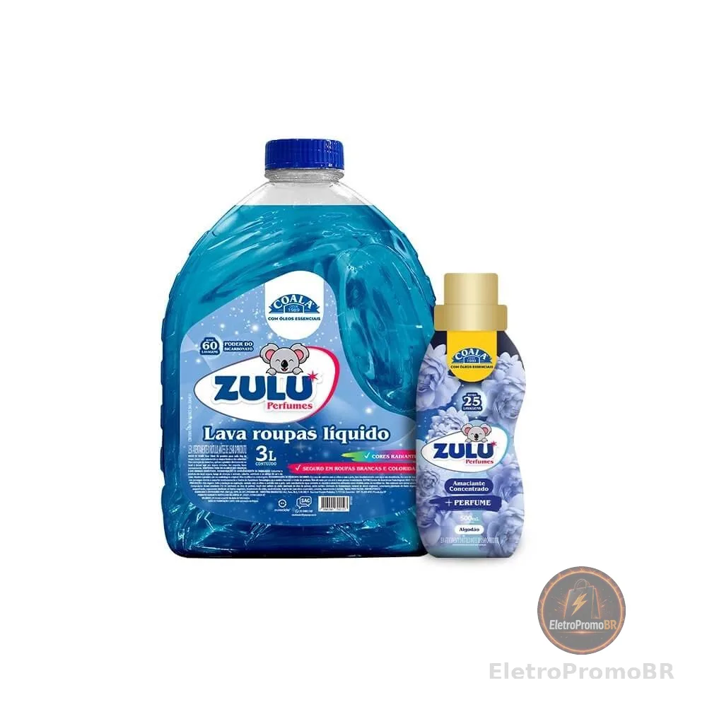 Kit Zulu Perfumes/Coala 1 Lava Roupas Liquido 3L + 1 Amaciante concentrado 500ml - Algodão