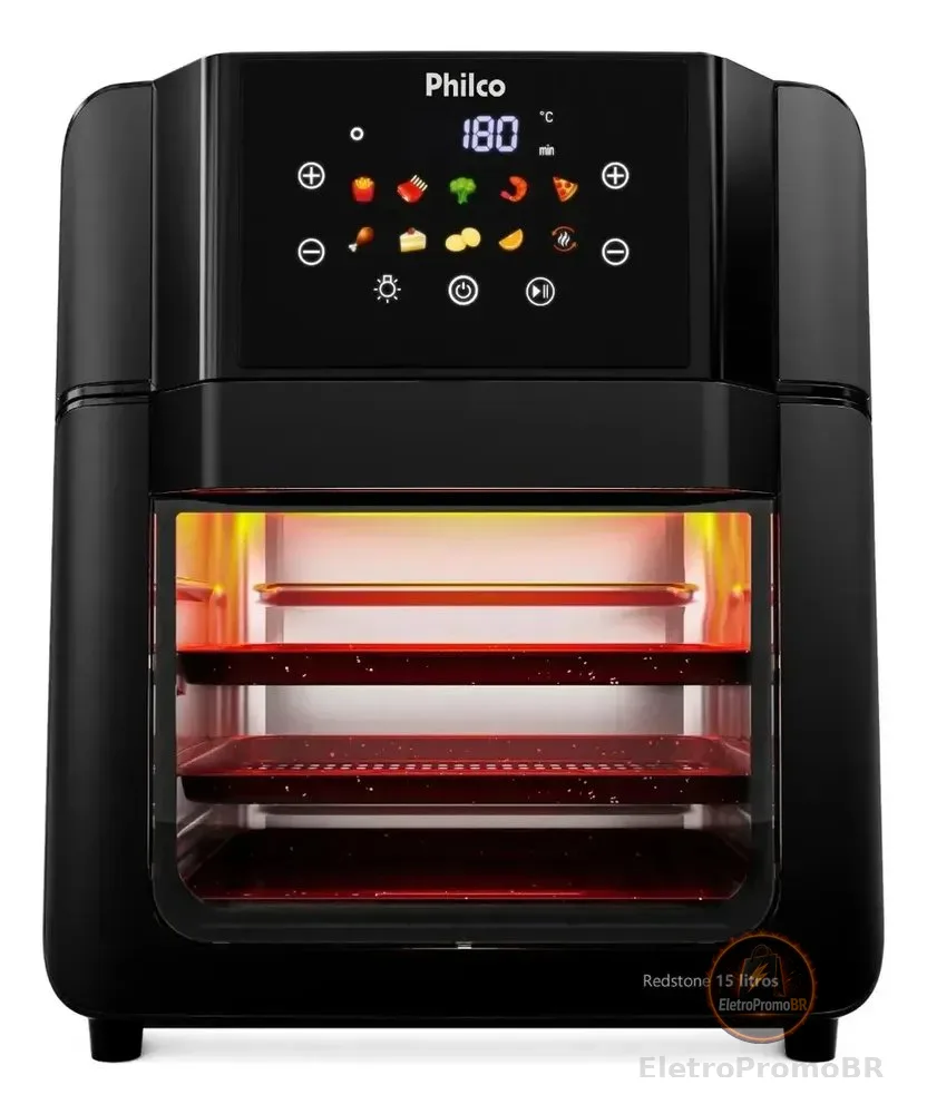 Philco PAF15C Fritadeira Air Fryer Oven 15 Litros Revestimento Redstone Porta Removível Luz Interna 10 Funções 220v Preta