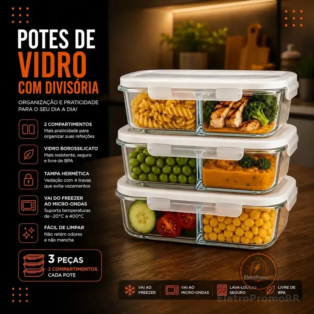 Kit 3 Potes De Vidro Com Divisória Herméticos Retangulares 640ml Com Tampa De 4 Travas Vedação Antivazamento Para Marmitas Freezer Micro-Ondas Forno Sem Tampa Lava-Louças Organização Casa - Hold On
