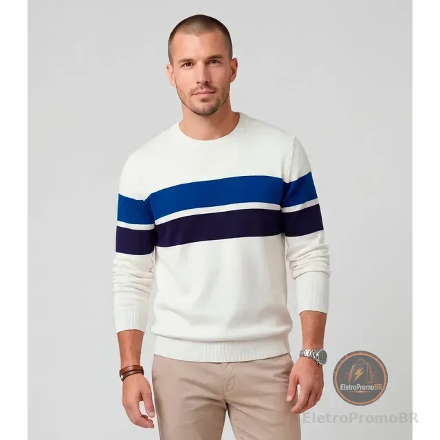 Suéter Masculino Comfort Tricot Listrado Diametro Branco