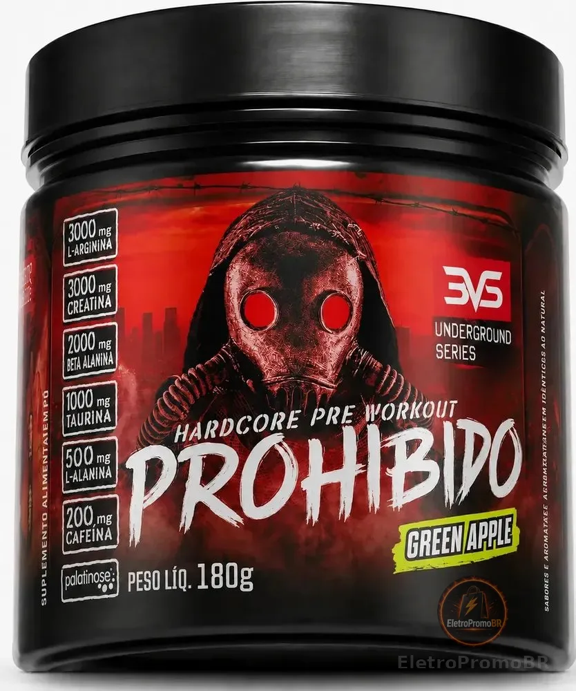 PRÉ TREINO PROHIBIDO 180g Sabor Green Apple - Fórmula Avançada contendo Creatina, Beta Alanina, Taurina, L-tirosina, L-alanina, Cafeína, Arginina e Palatinose - Extra Forte