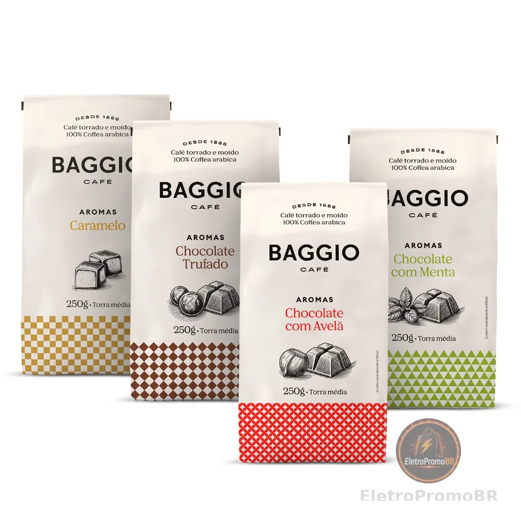 Baggio Café - Kit de Cafés Moídos Aromas 1kg - Caramelo, Chocolate Trufado, Avelã e Menta