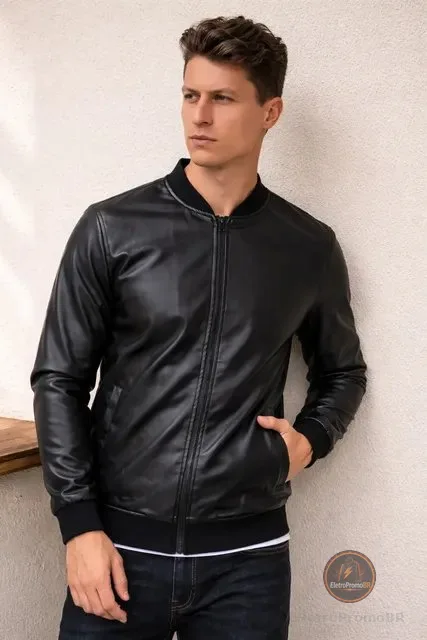 Jaqueta Bomber Courino Masculina Com Zíper E Bolso