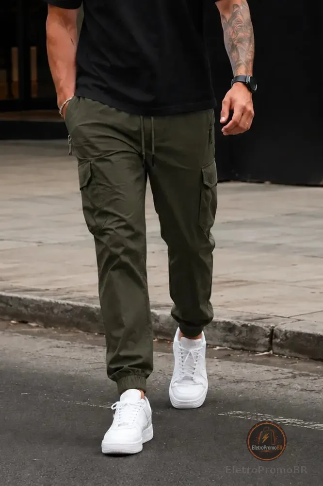 Calça Jogger Masculina Cargo Poliamida Com Elastano Verde Militar Liso G - 44/46