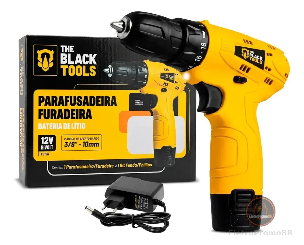 Parafusadeira Furadeira The Black Tools TB12A 3/8 a Bateria Cor Amarelo Frequência 60Hz