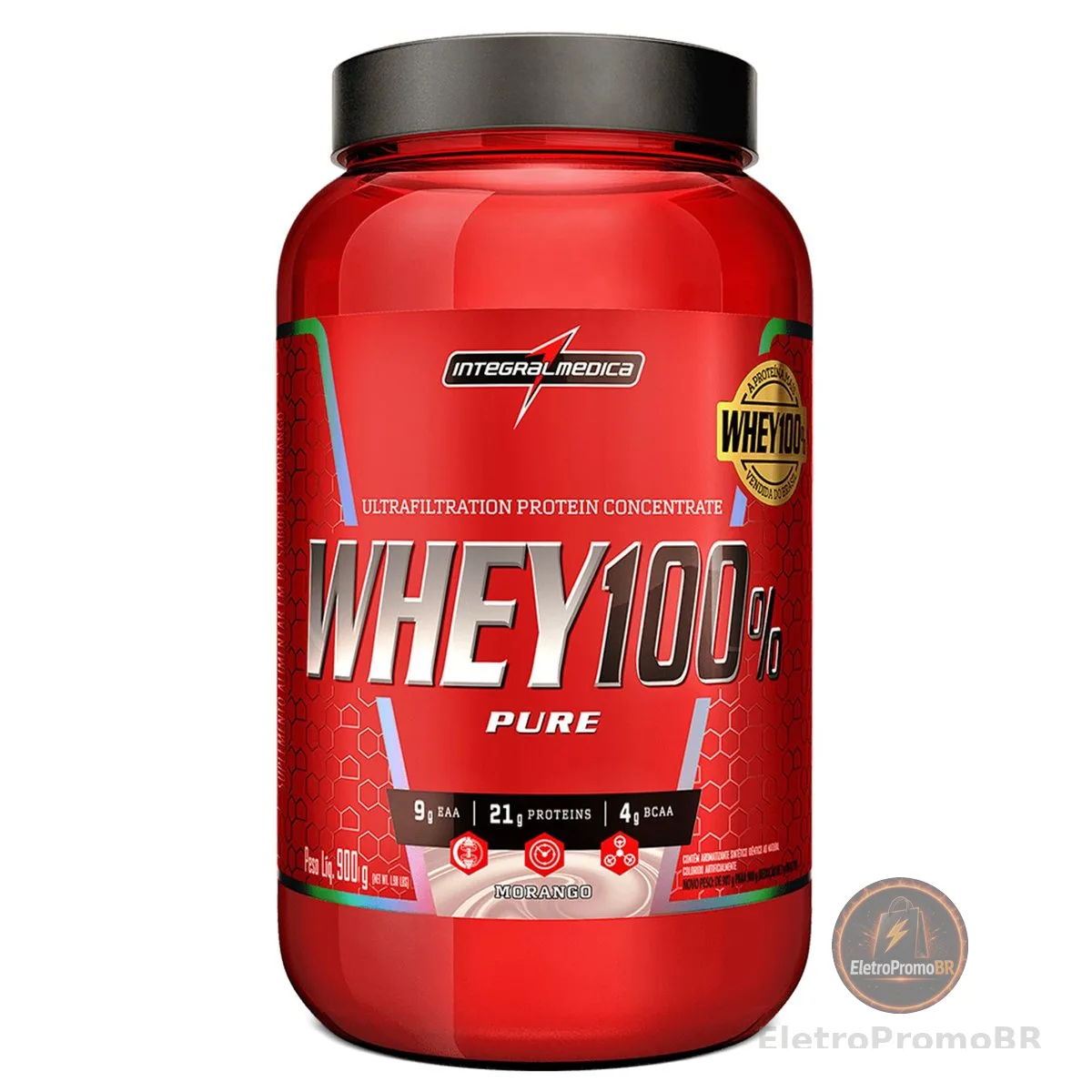Integralmedica - Whey Protein Concentrado Morango 100% Pure - 21g de Proteína por Scoop, Suplementação Alimentar Pós-Treino, Fórmula Enriquecida com BCAAs - Pote 900g