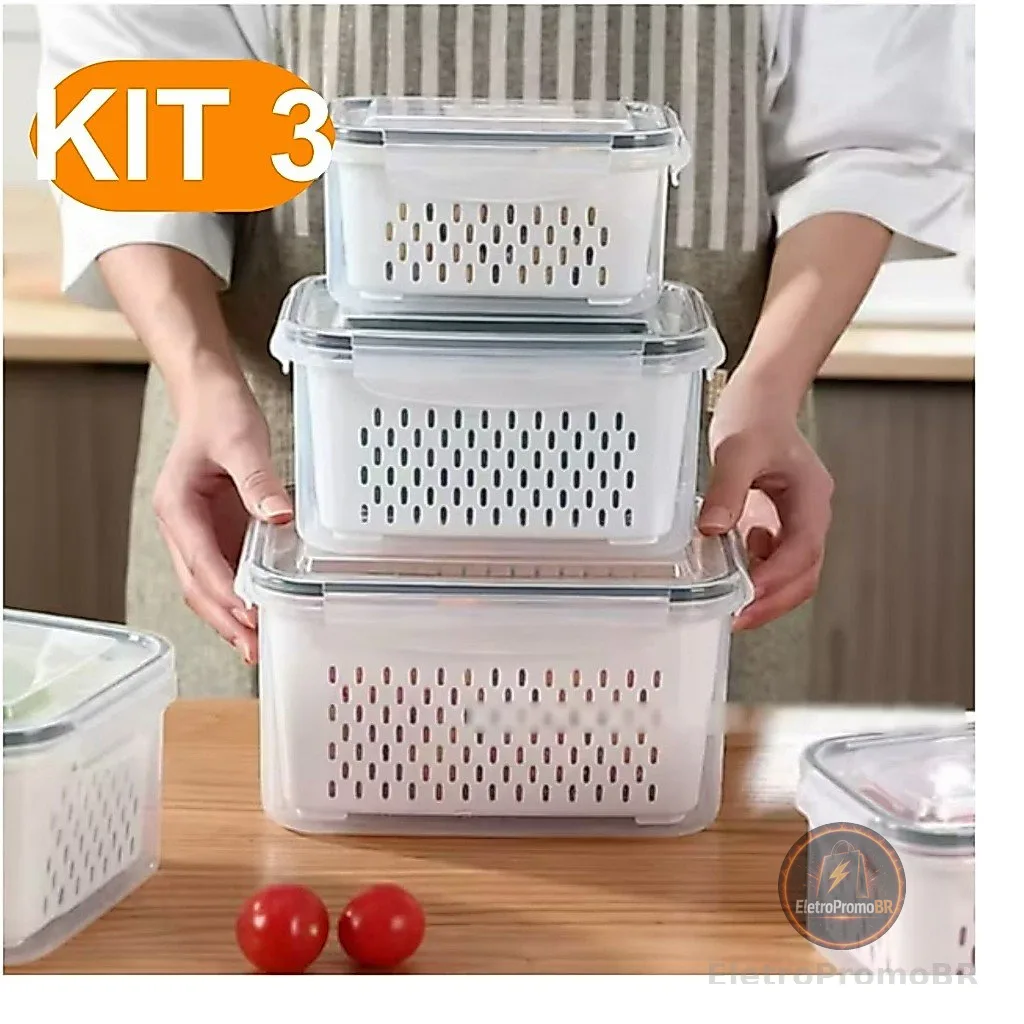Kit 3 potes herméticos com tampa de vedação segura e design empilhável para geladeira